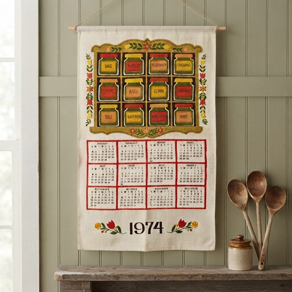 Vintage 1974 Spice Rack Calendar Tea Towel Herb Kitchen Wall Hanging Linen