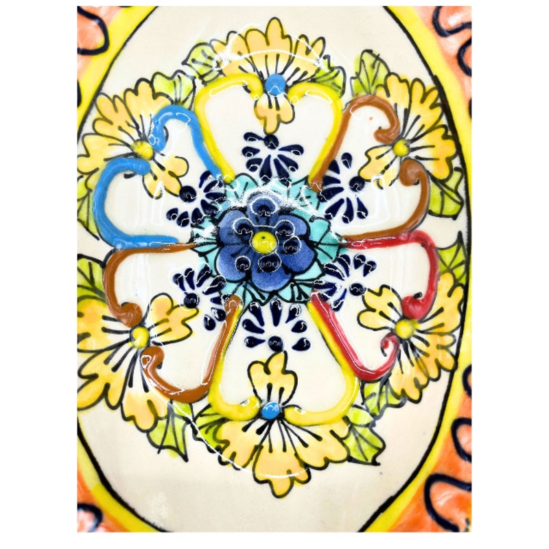 Vintage Mexican Pottery Oval Serving Dish Double Handle Hand Painted Floral
