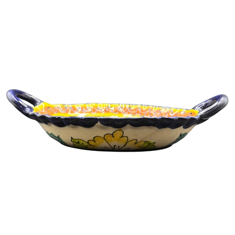 Vintage Mexican Pottery Oval Serving Dish Double Handle Hand Painted Floral