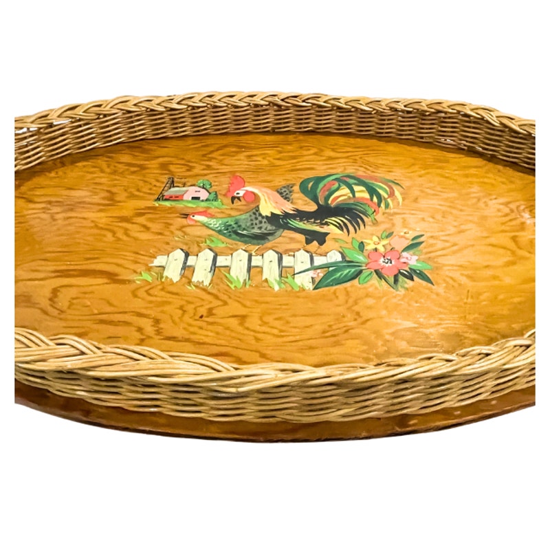 Vintage Oval Wooden Serving Tray Wicker Border Folk Art Rooster Farmhouse