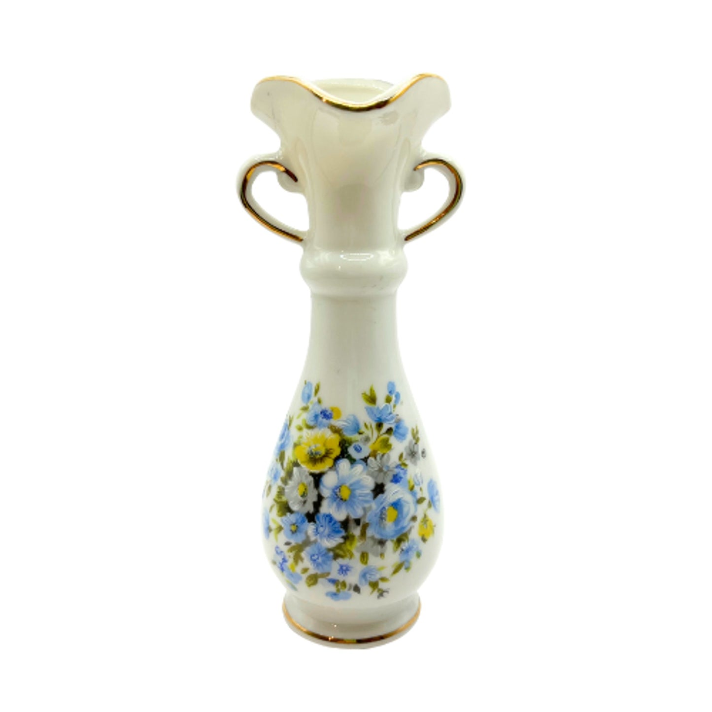 Vintage Lefton Ruffled Double Handle Blue Floral Vase