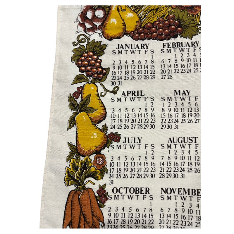 Vintage 1977 Harvest Calendar Tea Towel Fall Fruits Wall Hanging Linen