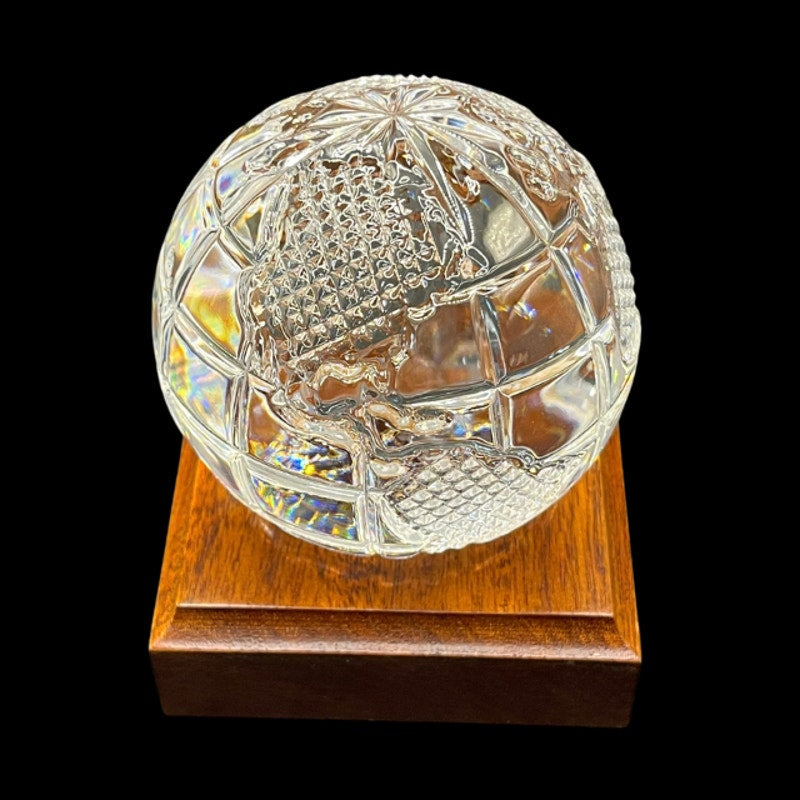 Waterford Crystal World Globe Paperweight Diamond Cut Art Glass Wood Base