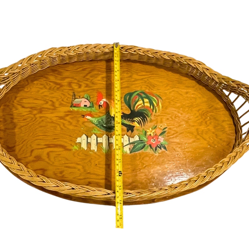 Vintage Oval Wooden Serving Tray Wicker Border Folk Art Rooster Farmhouse