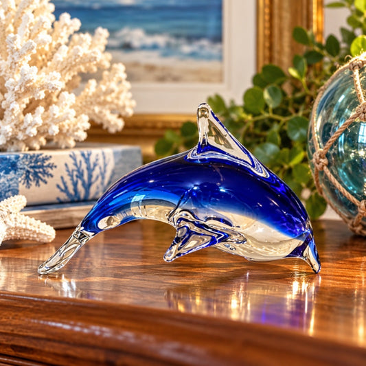 Vintage Cobalt Blue Hand Blown Art Glass Jumping Dolphin Figurine Paperweight