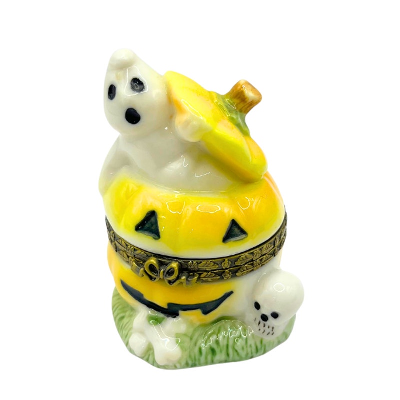 Vintage Herco Halloween Ghost Pumpkin Skull Hinged Ceramic Trinket Box
