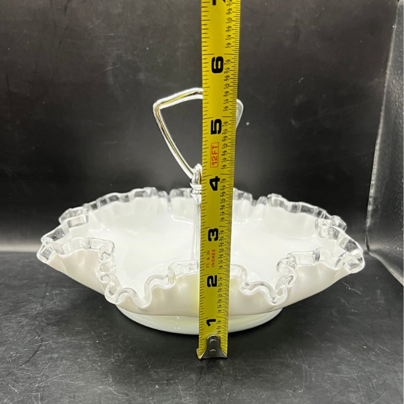 Fenton Silver Crest Milk Glass 8 Inch Handled Bonbon Dish Ruffled Edge