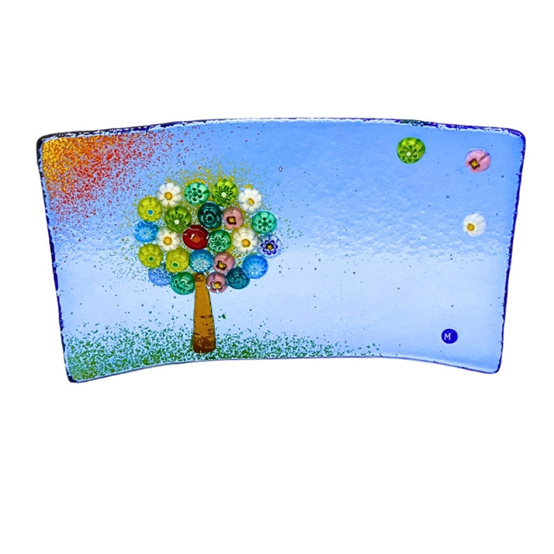 Vintage Murano Art Glass Millefiori Tree of Life Blue Curved Dish