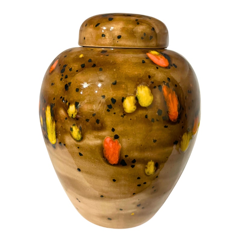 Vintage 70s Studio Pottery Lidded Jar Brown Speckled Glaze Orange Yellow Accents