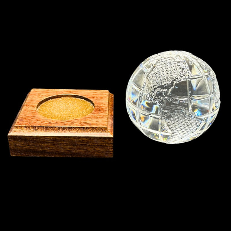 Waterford Crystal World Globe Paperweight Diamond Cut Art Glass Wood Base