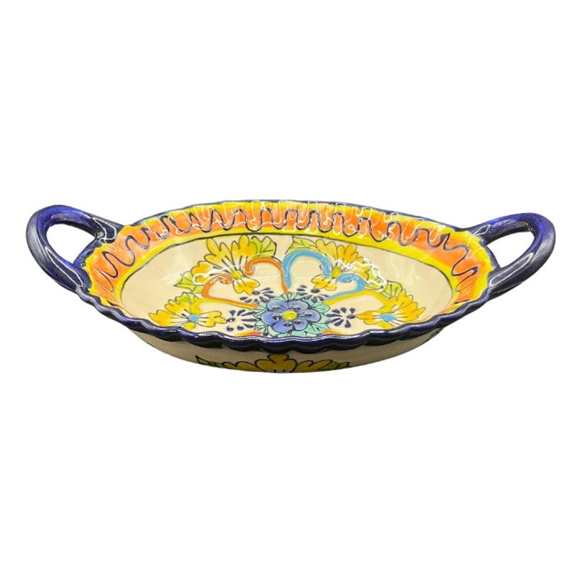 Vintage Mexican Pottery Oval Serving Dish Double Handle Hand Painted Floral