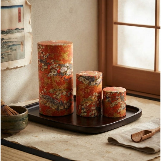 Vintage Japanese Nesting Tea Canisters with Decorative Chazutsu Washi Paper