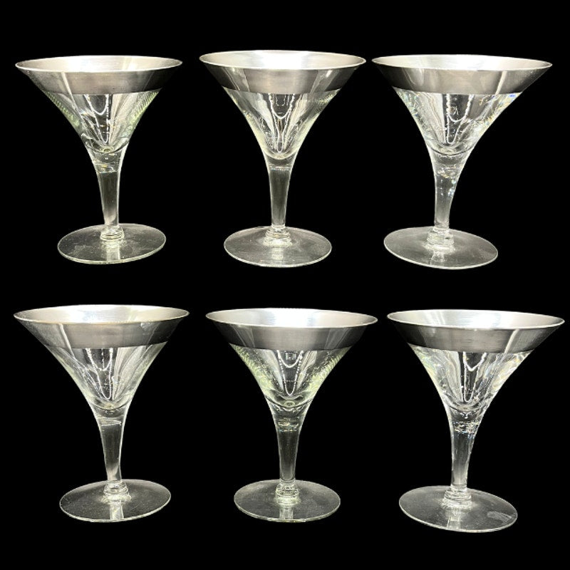 Mid Century Modern Dorothy Thorpe Silver Band Trumpet Cocktail Glasses Set of 6