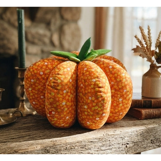 Vintage Handmade Fabric Pumpkin Decor Orange Calico Floral Autumn Fall