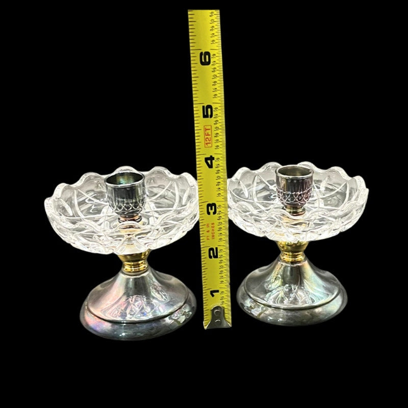 Vintage Landes Italy Silver Plated & Cut Crystal Taper Candle Holders Set of 2