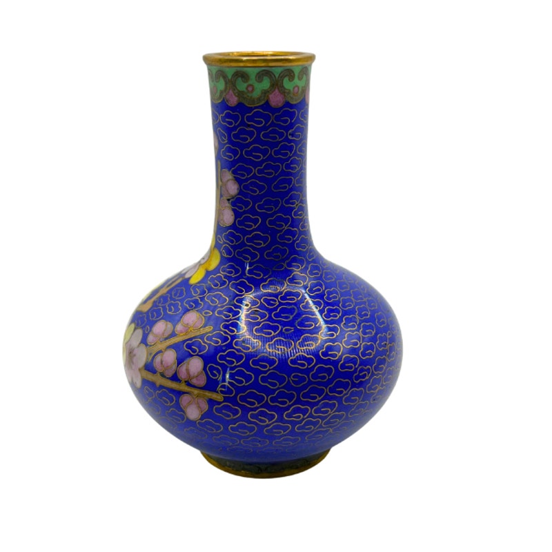 Vintage Cloisonne Miniature Vase Cobalt Blue Floral Bud Vase