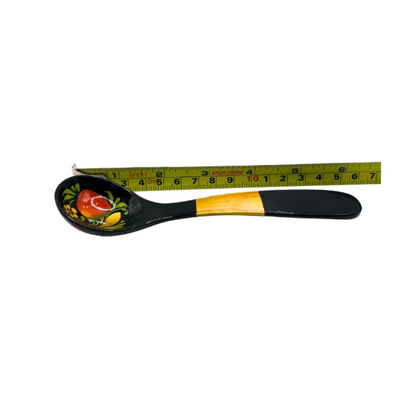 Vintage Russian Stpgoods Khokhloma Wooden Spoons Hand Painted Black  Lacquer Gold Berry Design