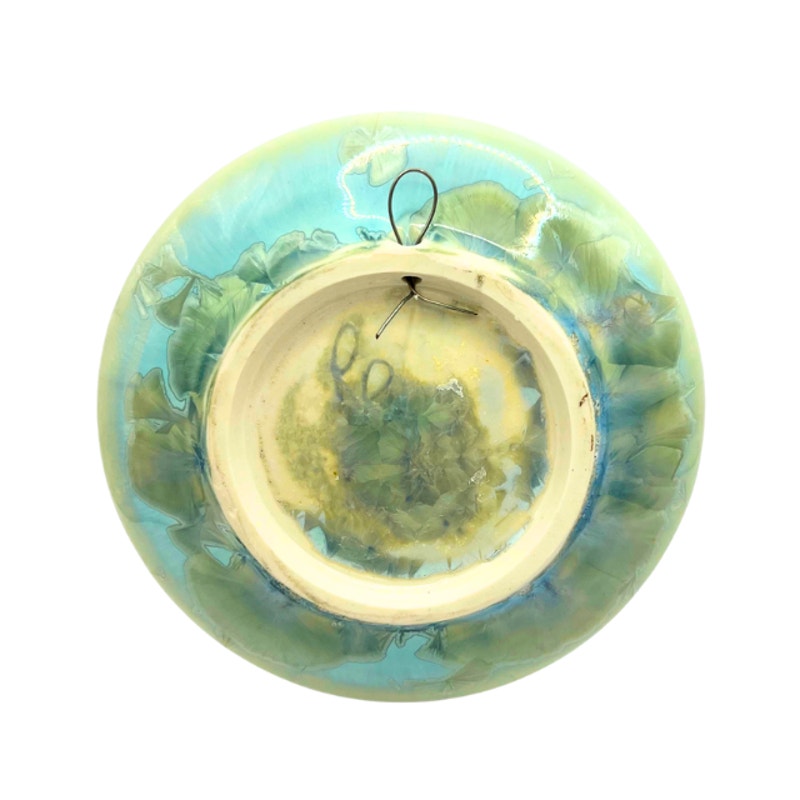Signed Studio Pottery Art Plate Green Glaze Blue Crystalline Wall Hanging Dish
