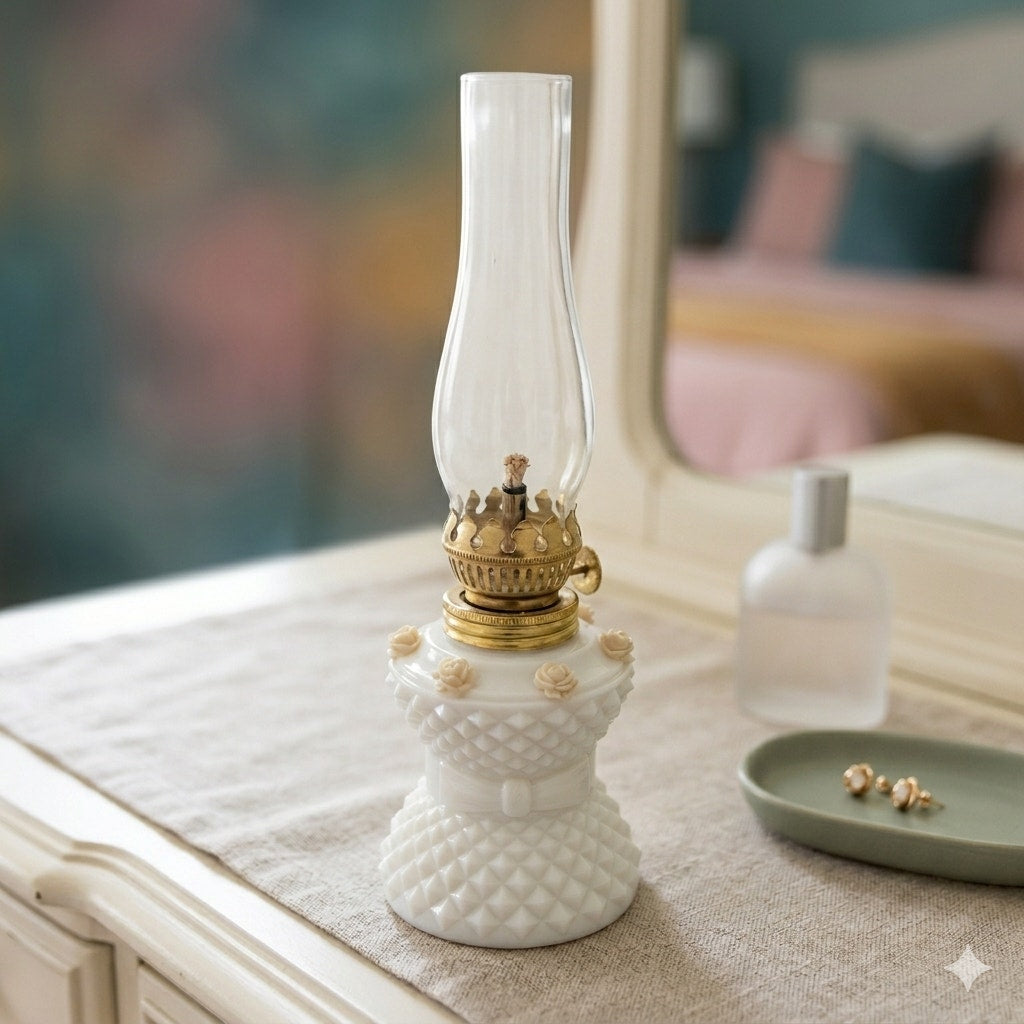MCM Vintage Milk Glass Miniature Oil Lamp Diamond Point Rose Accent