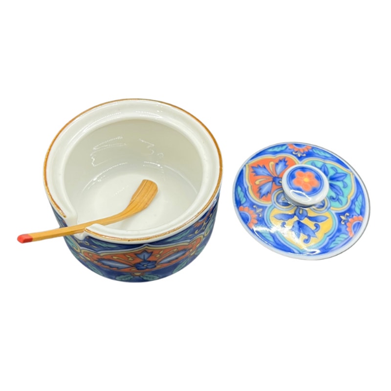 Vintage Chinese Porcelain Floral Mustard Pot Lid Wooden Spoon and Box