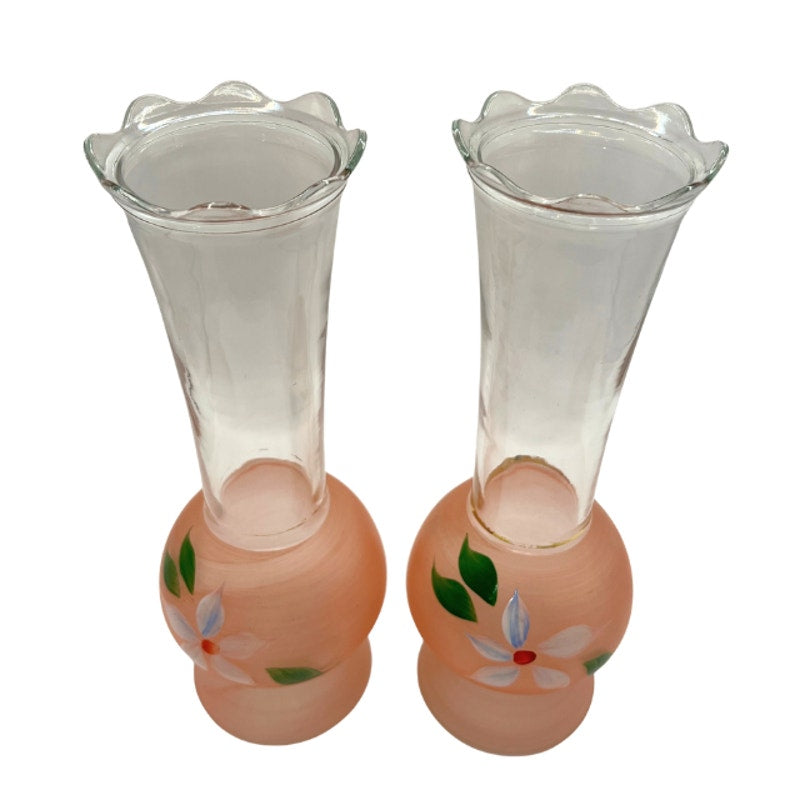 Vintage Bartlett Collins Frosted Pink Glass Vases Hand Painted Pair 9" MCM