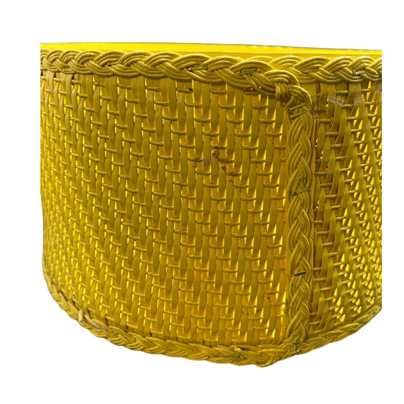 Vintage Yellow Woven Sewing Basket Retro Butterfly Padded Lid Handle 10"