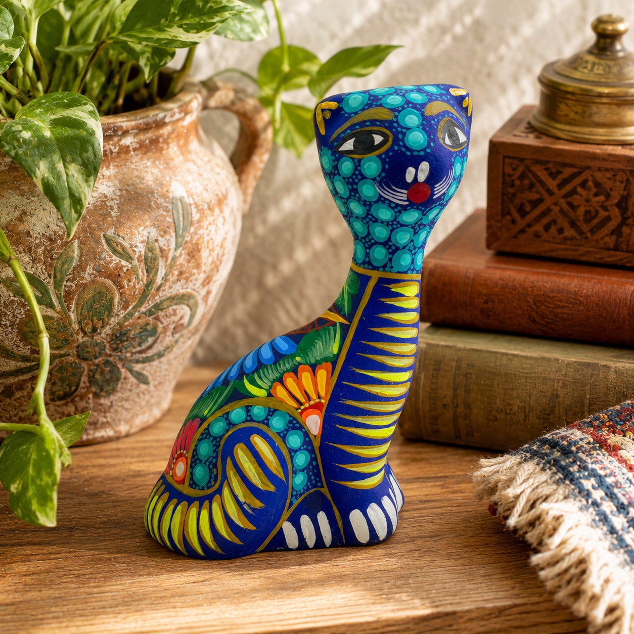 Vintage Mexican Folk Art Alebrije Cat Figurine Hand Painted Ceramic