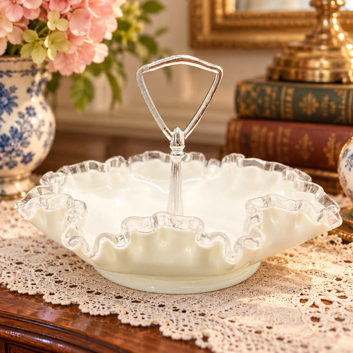 Fenton Silver Crest Milk Glass 8 Inch Handled Bonbon Dish Ruffled Edge