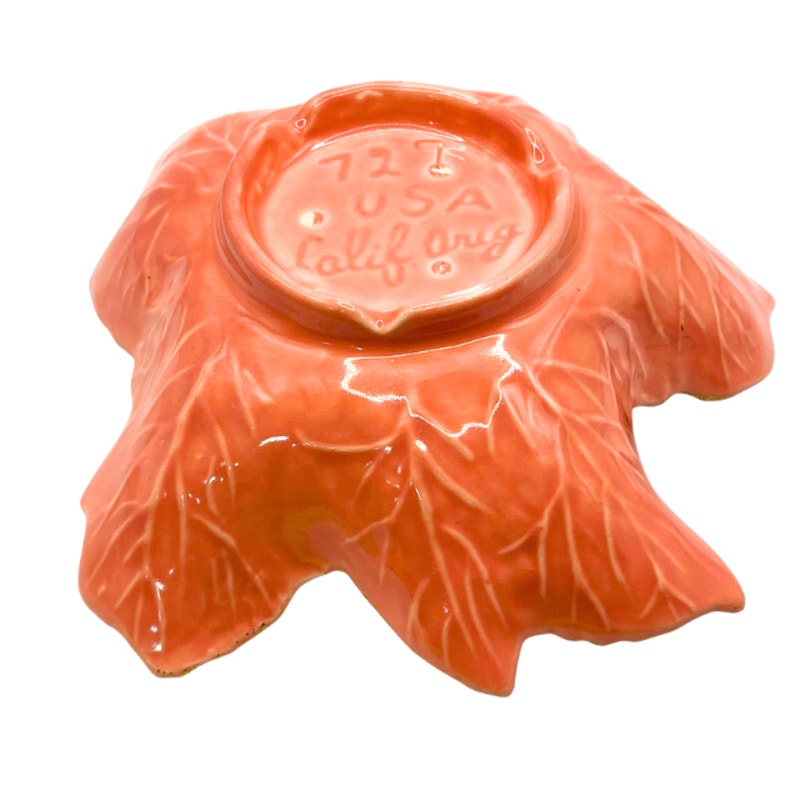 VTG California Pottery Maple Leaf Dish Coral Orange With Gold Trim USA 727