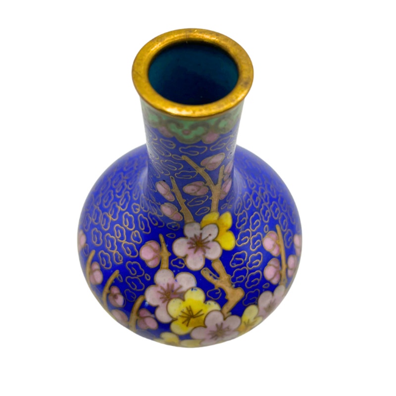 Vintage Cloisonne Miniature Vase Cobalt Blue Floral Bud Vase