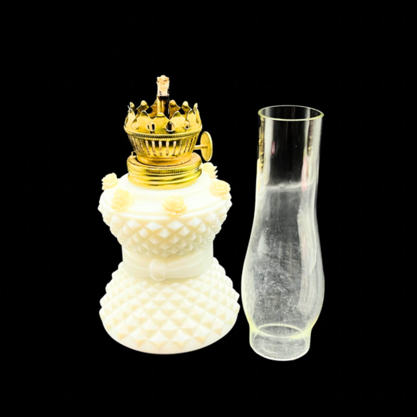MCM Vintage Milk Glass Miniature Oil Lamp Diamond Point Rose Accent