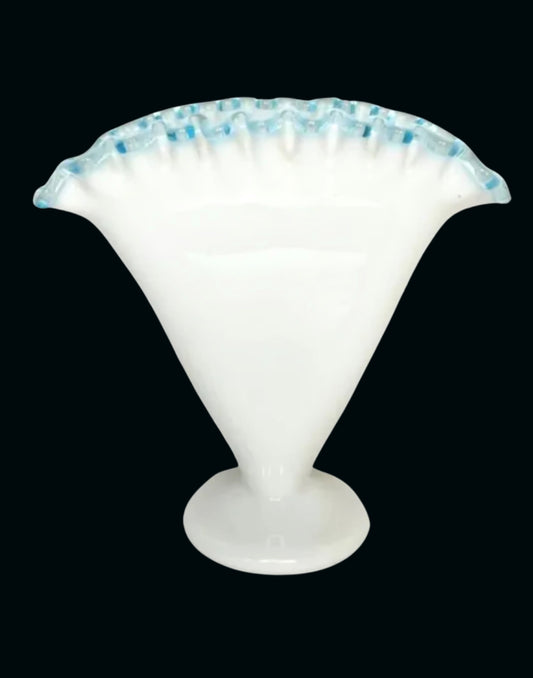 1930s Fenton Milk Glass Aqua Crest Ruffled Fan Vase