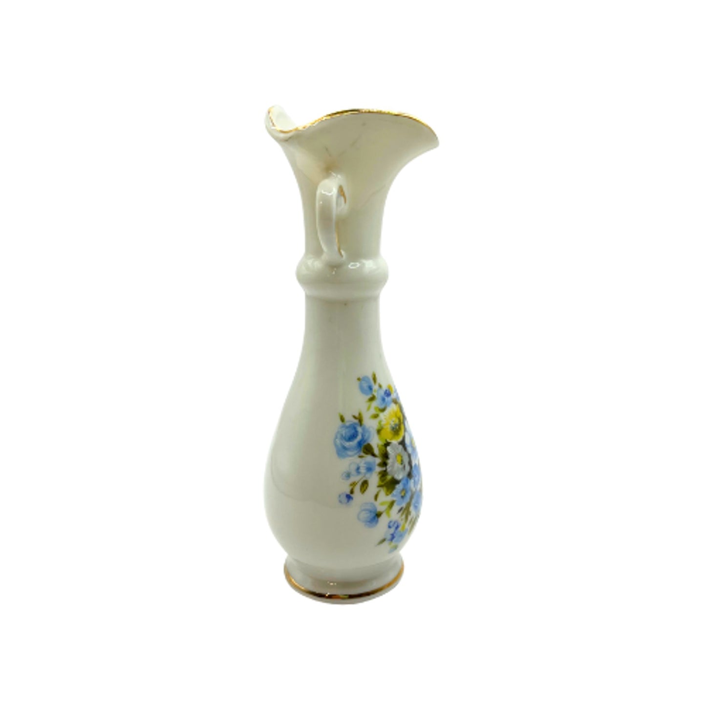 Vintage Lefton Ruffled Double Handle Blue Floral Vase