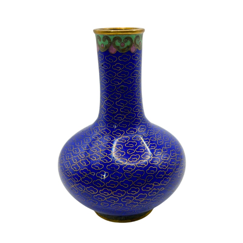 Vintage Cloisonne Miniature Vase Cobalt Blue Floral Bud Vase