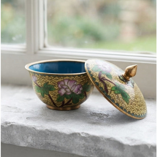 Vintage Chinese Cloisonne Enamel Round Trinket Box