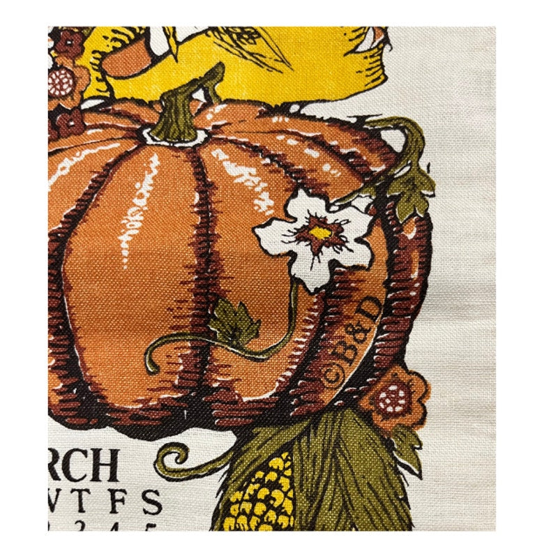 Vintage 1977 Harvest Calendar Tea Towel Fall Fruits Wall Hanging Linen