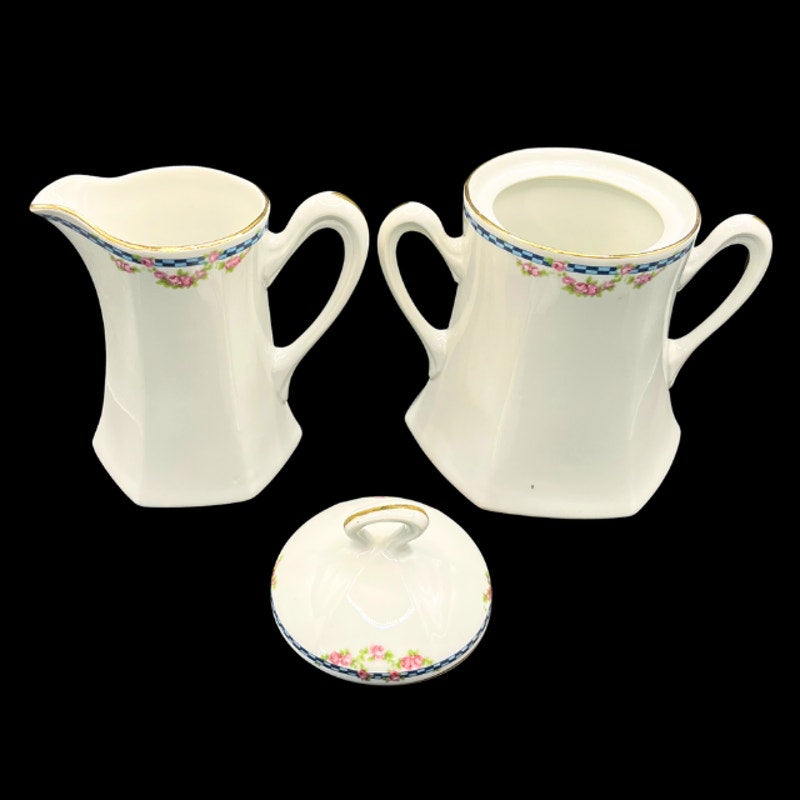 Antique French Limoges Tea Set Blue Ginham Pink Rose  19Pc  Charles Ahrenfeldt