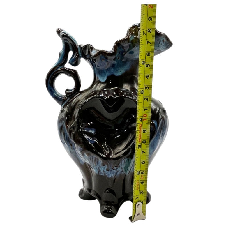 Vintage Art Pottery Pitcher Blue Brown Drip Glaze Heart Motif Ornate Footed Jug