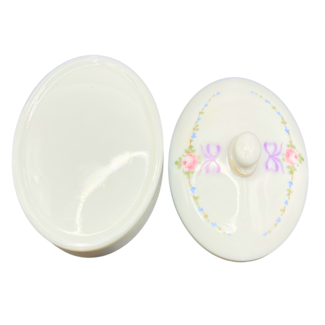 Westmoreland  Roses & Bows Oval Chocolate Box White Milk Glass Cottagecore Decor