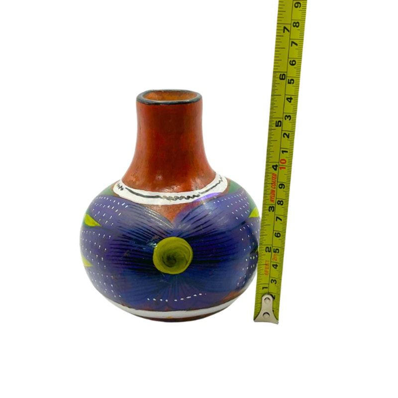 Vintage Mexican Terracotta Water Jug Hand Painted Floral Folk Art Approx. 6"