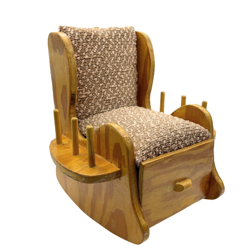 Vintage Miniature Wooden Sewing Rocking Chair Pincushion with Thread Holders