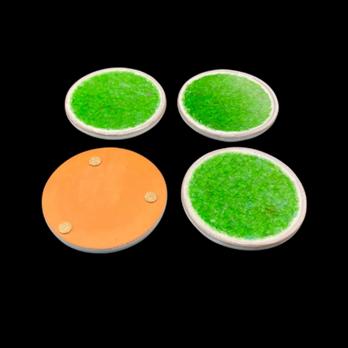 Green Crackle Glass Coasters Glazed Inlay Terracotta Set of Four 4"