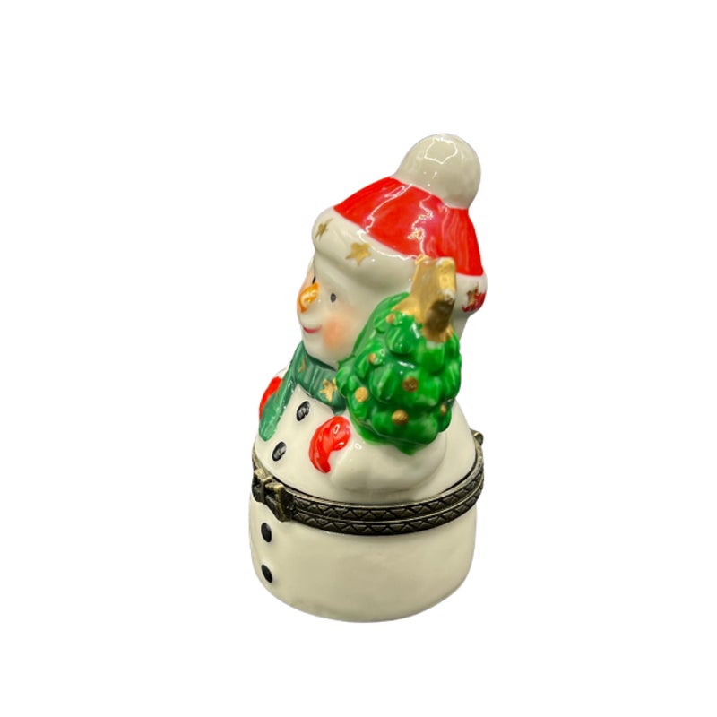 Vintage Ceramic Snowman Hinged Trinket Box Holiday Figurine Keepsake 3 In