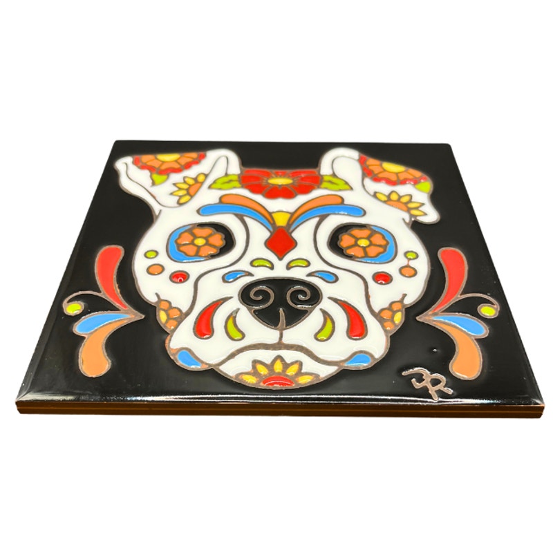 Handmade Ceramic Tile Sugar Skull Dog Wall Art Day of the Dead Folk Art