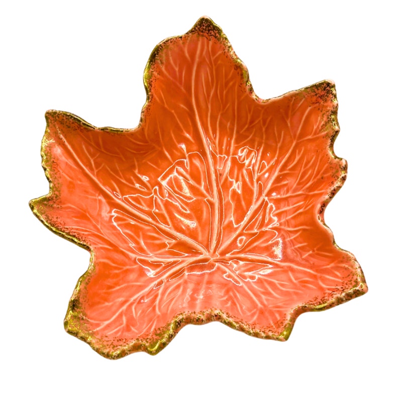 VTG California Pottery Maple Leaf Dish Coral Orange With Gold Trim USA 727