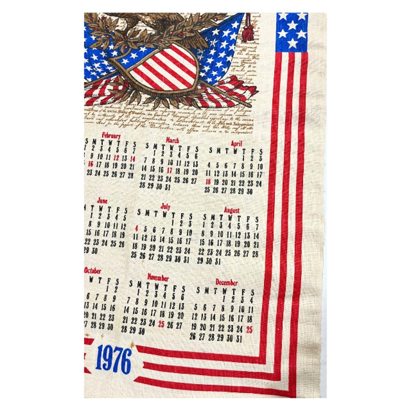 Vintage 1976 Bicentennial Linen Calendar Wall Hanging Tea Towel American Eagle