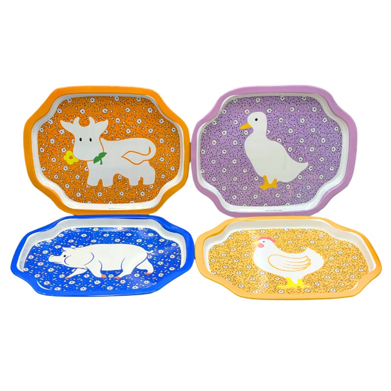 Vintage Farm Animal Small Trays Set of 4 Calico Floral Kitsch Country Kitchen