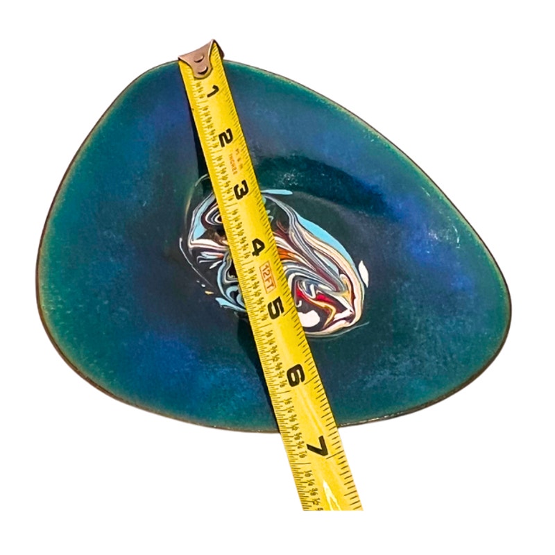 Vintage Enameled Copper Dish Turquoise Blue Abstract Marbled Trinket Bowl