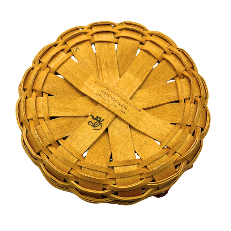 Vintage Longaberger Round Handwoven Wood Basket Leather Handles Fruit Liner