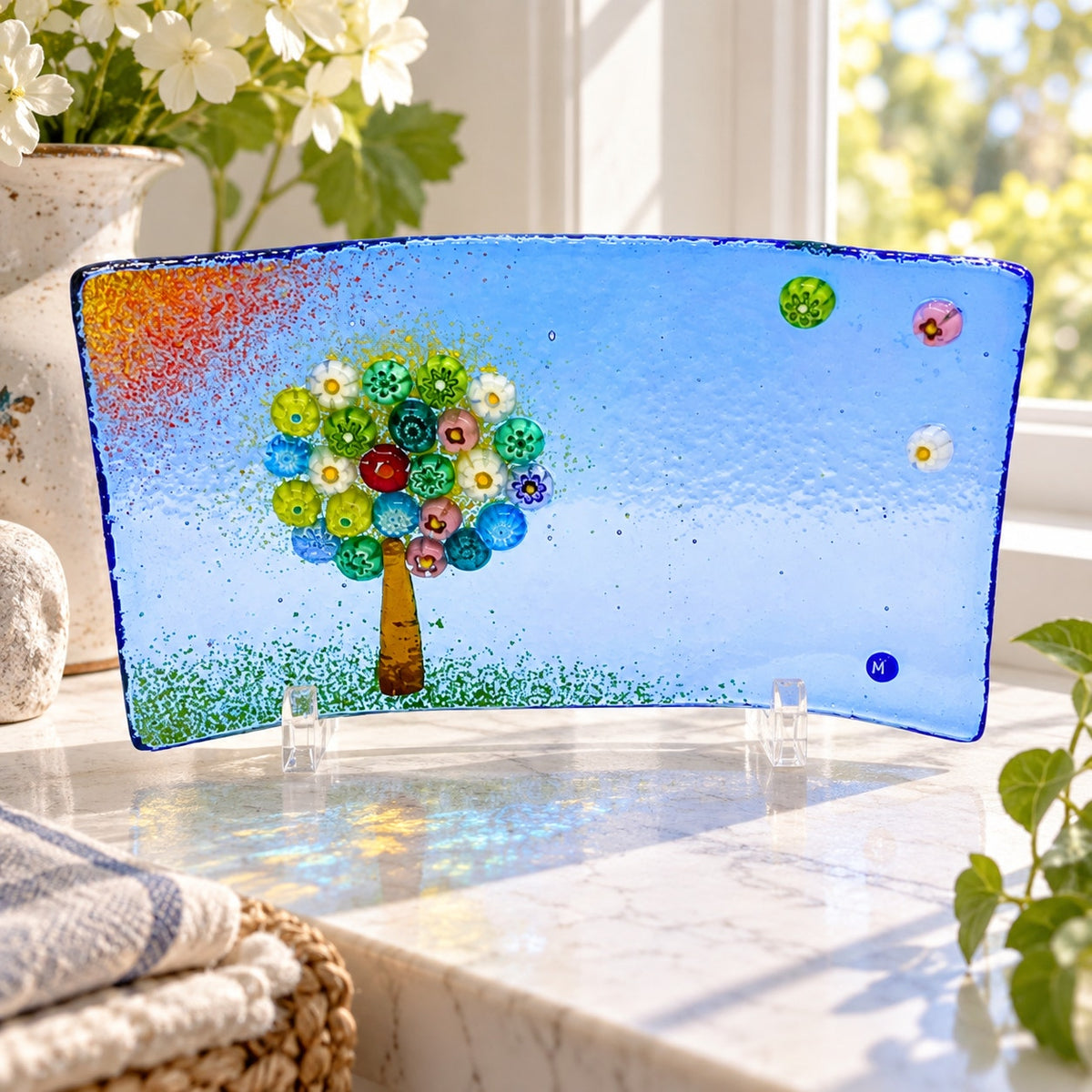 Vintage Murano Art Glass Millefiori Tree of Life Blue Curved Dish